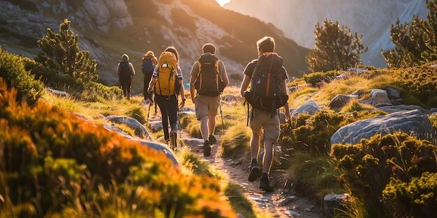 Image-4.jpg Groupe de personnes faisant une randonnée dans la montagne, à la lueur du soleil.